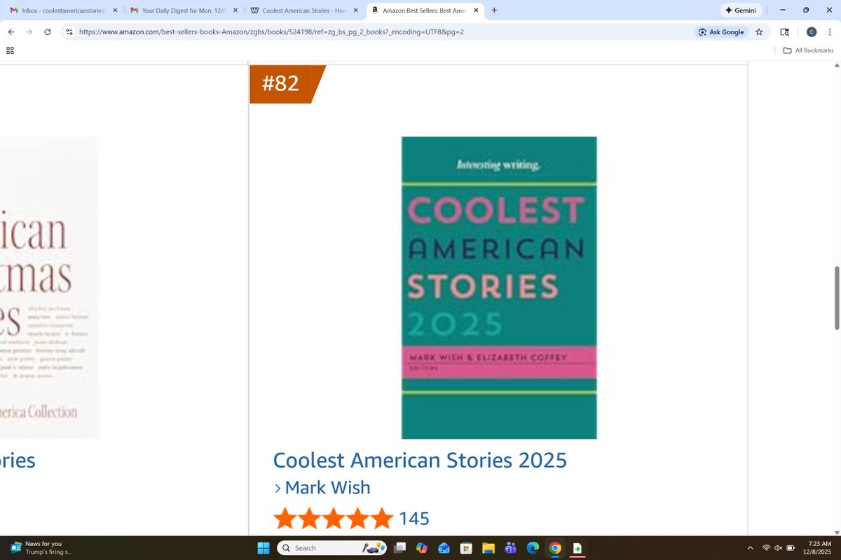 COOLEST 2025 opens the week among #Bestsellers in Amer Fiction Anthologies--@ #82!

Thx, #readerscommunity, for putting it there!

To own this 89% 5-stars #book of #shortstories now in #Kindle or soon in #Paperback:  

amzn.to/4958AFN

Enjoy!  #books 

 #giftideas #gifts
