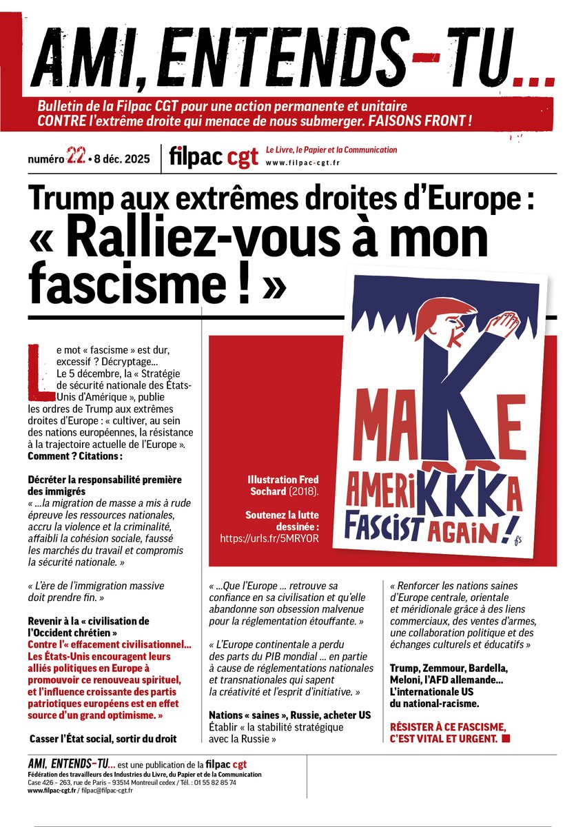 Trump aux extrêmes droites d’Europe : « Ralliez-vous à mon fascisme ! »
🍒 Ami, entends-tu… 🎶 #22 • 8 déc.2025

Trump, Zemmour, Bardella, Meloni, l’AFD allemande… L’internationale US du national-racisme. Résister à ce fascisme, c’est vital et urgent.

🗞️ Lire ou télécharger