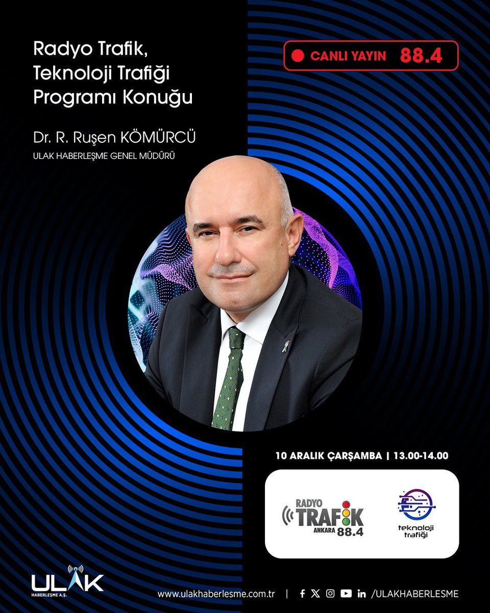 🚦 Haberleşmeden geleceğe uzanan yol haritası…
Genel Müdürümüz Dr. R. Ruşen Kömürcü, Teknoloji Trafiği programında yerli ve milli haberleşme teknolojilerini anlatıyor.
📻 Radyo Trafik Ankara 88.4
📅 10 Aralık | ⏱️ 13.00–14.00
<a href="/radyotrafik06/">Radyo Trafik Ankara 88.4</a> |<a href="/TeknolojiTrafgi/">Teknoloji Trafiği</a> 

🚦 A roadmap from