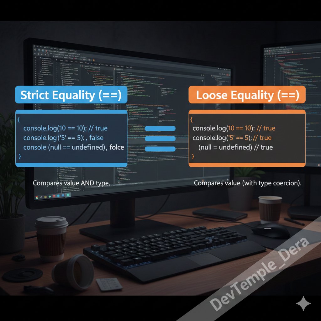 DevTemple_Dera's tweet image. JS Equality: The Rule of Trust
== (Loose): Untrustworthy because it Ignores type. E.g., &apos;5&apos; == 5 is true. 🤥
=== (Strict): Always trust because it checks value &amp;amp; type. E.g., &apos;5&apos; === 5 is false. ✅
If you&apos;re confused, stick to triple-equals. #JavaScript #CodingTips #BeginnerCoder