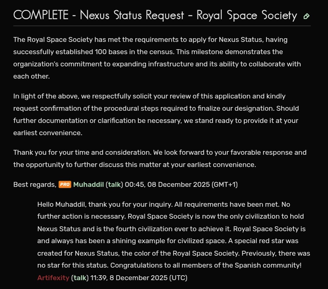FranCobasGC's tweet image. Hoy es un día importante para la @RoyalSpaceHub ! 🎆 
Lo hemos logrado! La RSS se convierte en el primer HUB con el grado Nexus! 
Y han creado la estrella de Nexo para nosotros! Felicidades a todos los miembros de la RSS!  🍾🥂 
@NoMansSky  @oskar1up