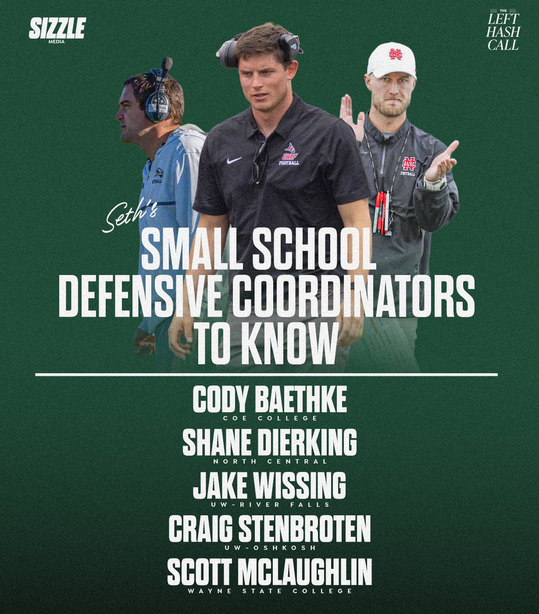 thelefthashcall's tweet image. .@SethHoward_'s Small School Defensive Coordinators to know 🔨

@CodyBaethke - @Kohawk_Football 
@CoachDierking - @NCC_Athletics 
@coach_Wiss - @UWRFFootball 
@CoachSten - @UWOFootball 
@COACHMCLAU - @WayneStFootball