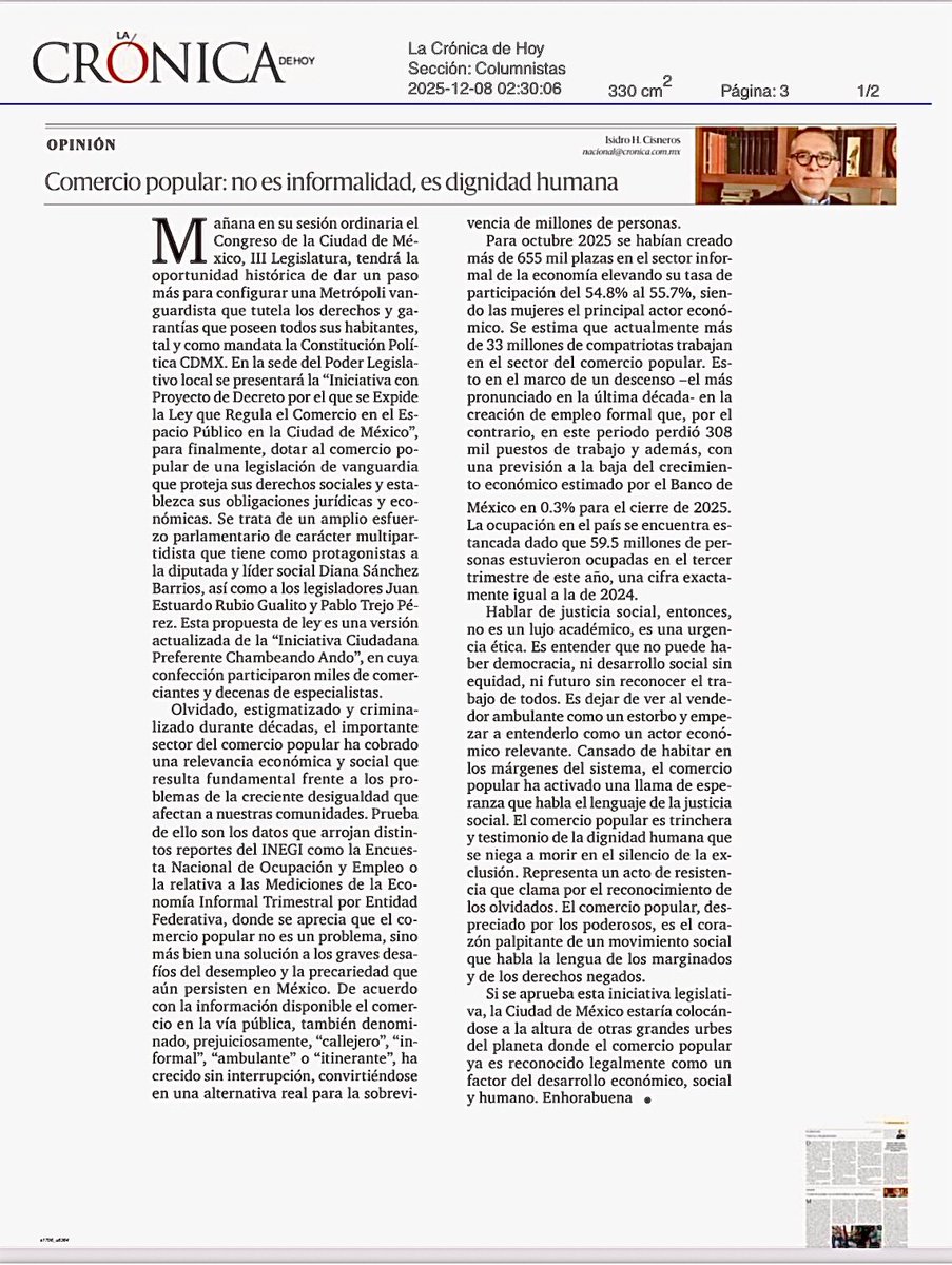 Hablar de justicia social, entonces, no es un lujo académico, es una urgencia ética. Es entender que no puede haber democracia, ni desarrollo social sin equidad, ni futuro sin reconocer el trabajo de todos.

cronica.com.mx/opinion/2025/1…