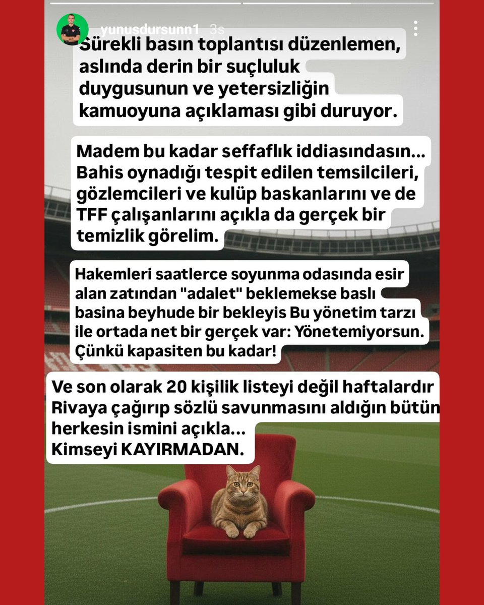 TFF'nin bahis listesinde yer alan hakem Yunus Dursun'dan İbrahim Hacıosmanoğlu'na:

"Madem bu kadar şeffaflık iddiasındasın, bahis oynadığı tespit edilen temsilcileri, gözlemcileri, kulüp başkanlarını ve TFF çalışanlarını açıkla da gerçek bir temizlik görelim. Kimseyi kayırmadan!