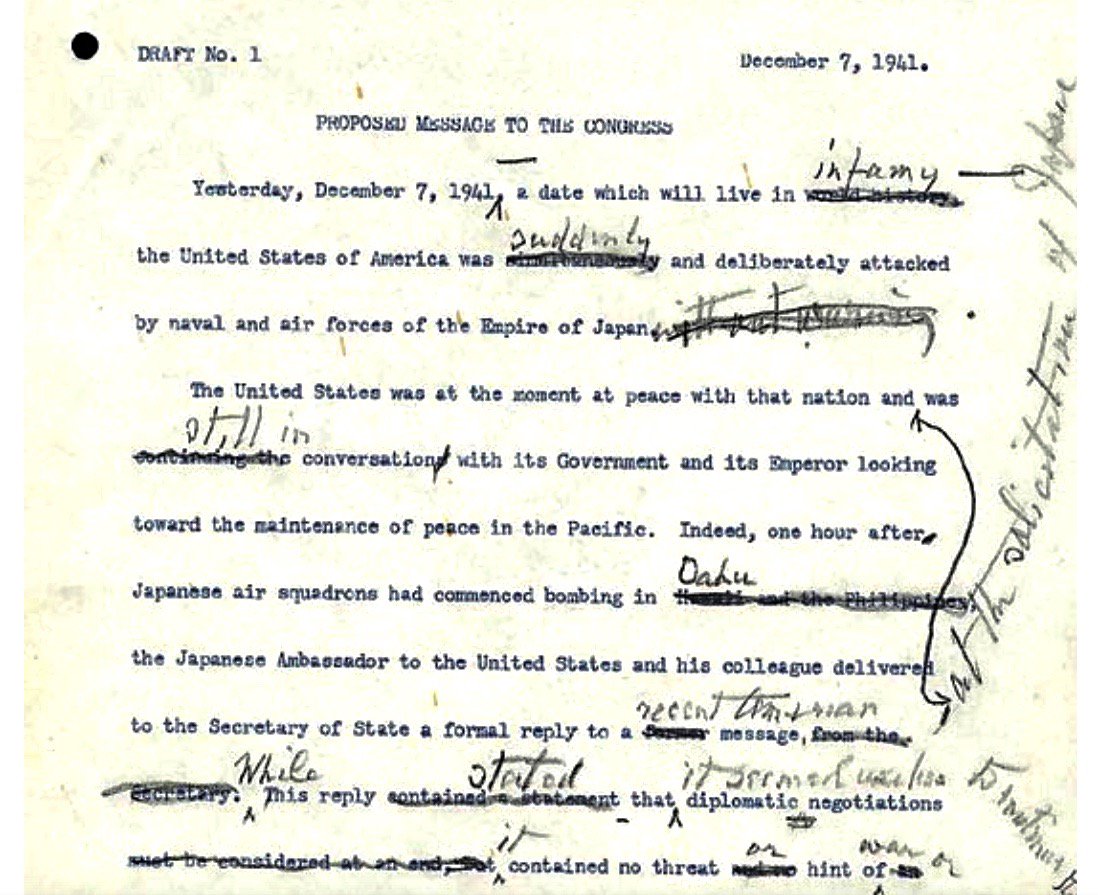 BeschlossDC's tweet photo. Revising his Pearl Harbor address to Congress, FDR changes “world history” to “infamy”--this week 1941: https://t.co/NzpqGXlf0O