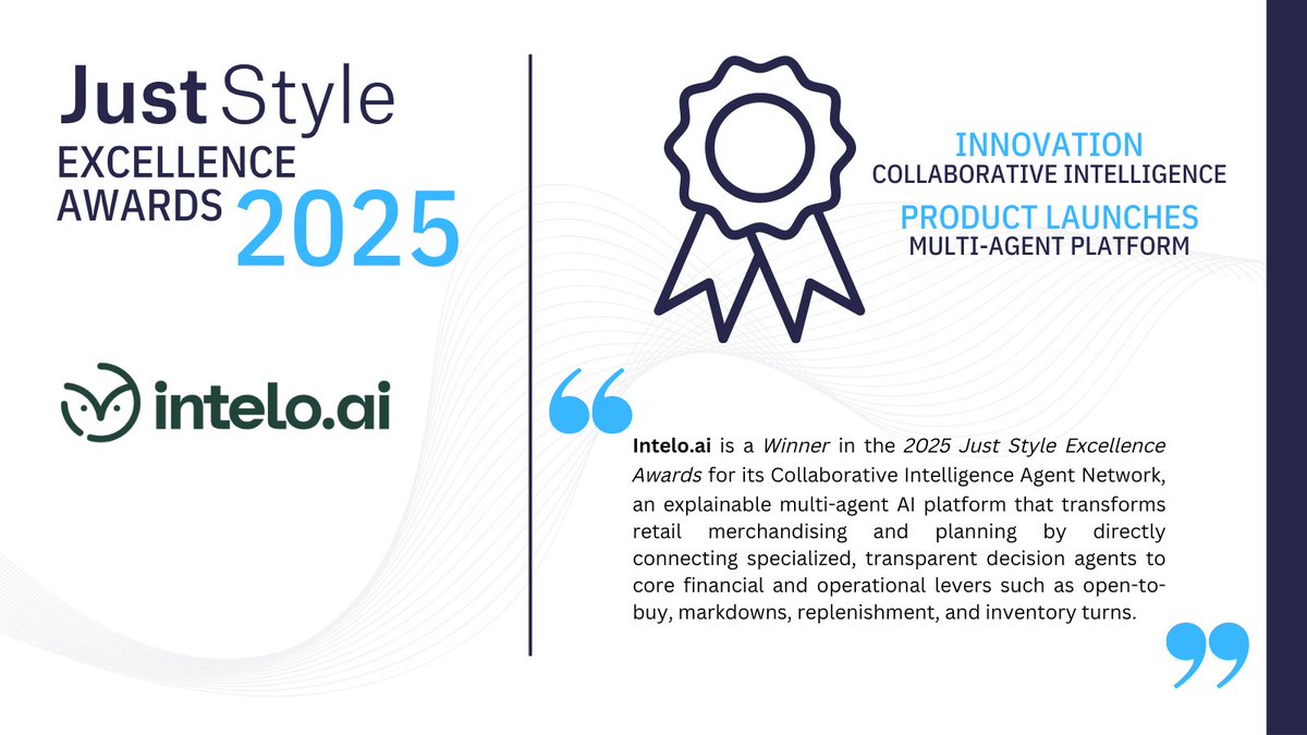 AI_Intelo's tweet photo. BIG NEWS! 🚨 https://t.co/u19dLqkGSw has won big at the 2025 Just Style Excellence Awards! 🏆 We are honored to be recognized in both the Innovation AND Product Launches categories. https://t.co/s10fSbrto3

#RetailTech #AIAgents #JustStyleAwards2025 #InteloAI https://t.co/9kdzlEBveK