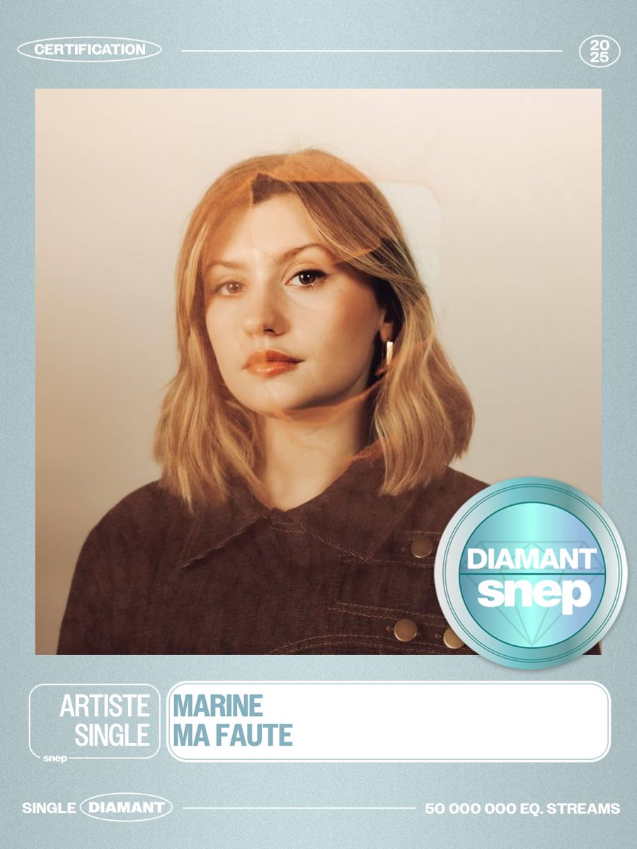 snep's tweet image. Le titre « Ma faute » de Marine est certifié Single Diamant ! 💎

50 000 000 équivalents streams 🎧

Bravo ! 👏