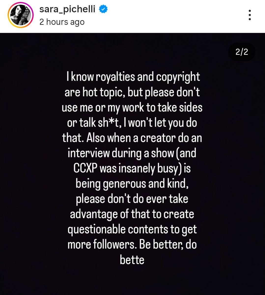Miles Morales Co-creator Sara Pichelli has now said in a statement that the interview about her not getting royalties from merch was twisted by the person that interviewed her, and that she wasn't mad or complaining about it at all. 

(instagram.com/p/DSAHzjEjPPE/…)
