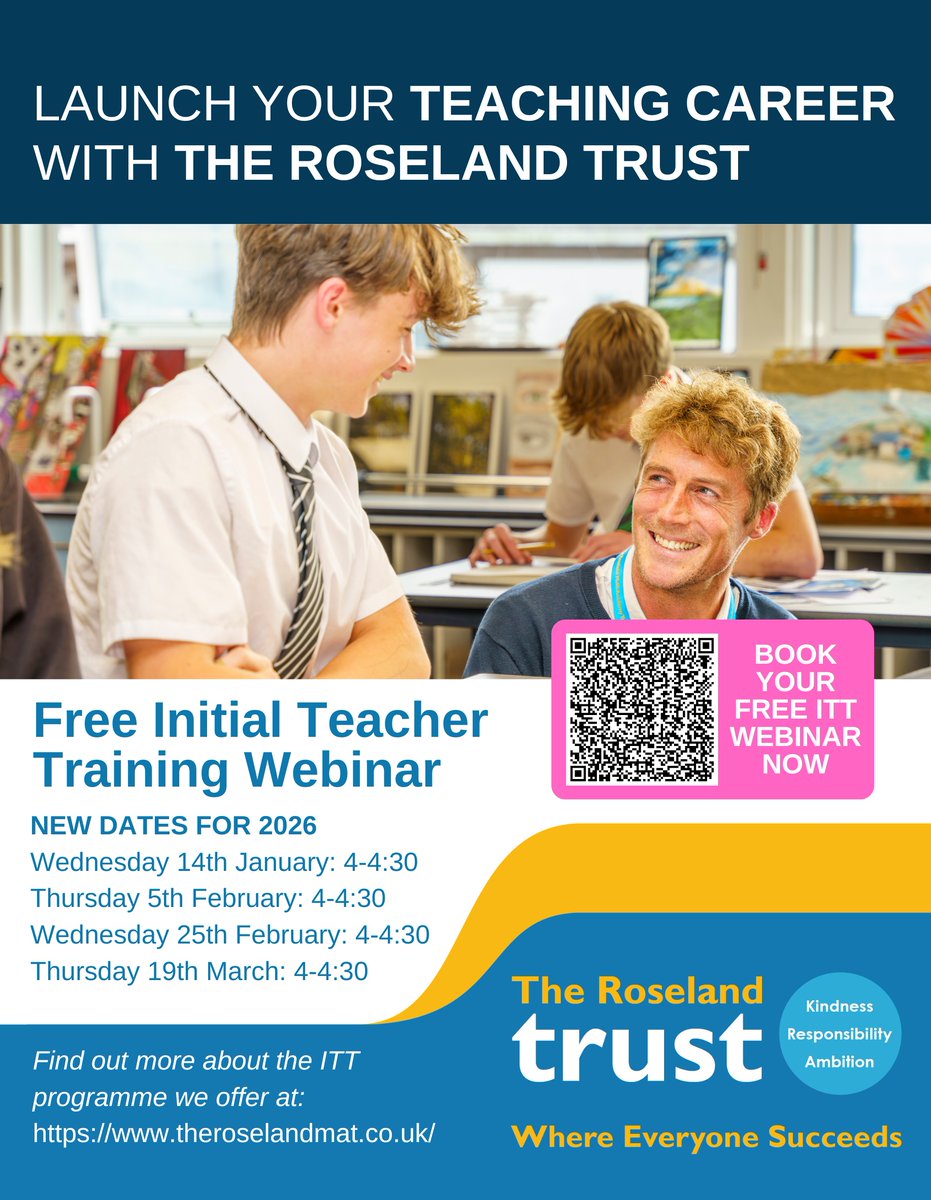 roselandtrust's tweet photo. Free Initial Teacher Training Webinar

Book your space now: https://t.co/TThE3j9thZ 

#TraingToTeach #ITT #TeacherCareer #TheRoselandTrust https://t.co/VoXZkQR9PR