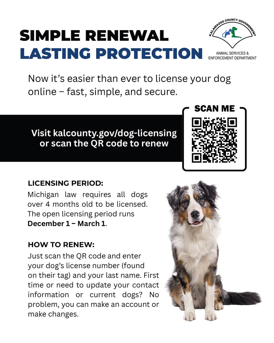 🐶🐩Beginning with the 2026 licensing year, Kalamazoo County Animal Services &amp; Enforcement (KCASE) will no longer sell dog licenses through the City of Portage. Instead, you must purchase your licenses directly through KCASE online, in person, or by mail.