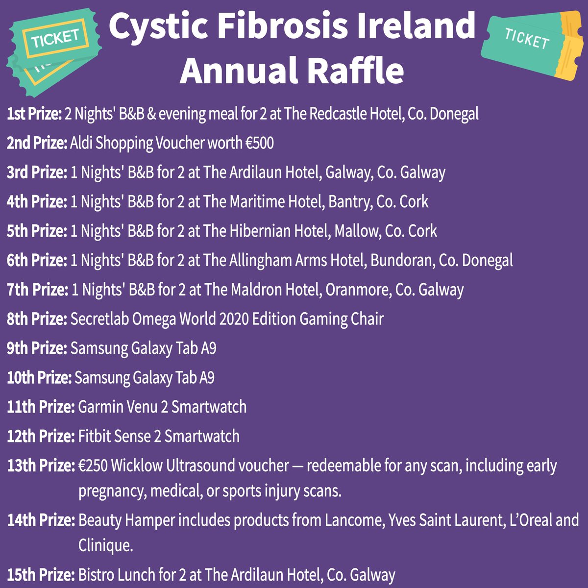 cf_ireland's tweet image. 🎟️Join our CFI Annual Raffle at The Strand Hotel, Limerick on 7th Feb! 🌟 Tickets are just €5 or 5 for €20. Amazing prizes await! Every ticket supports people living with Cystic Fibrosis. Don't miss out! 🎟️💜
Get your tickets now: buff.ly/7tGbTfX
#CFIRaffle26 #SupportCF