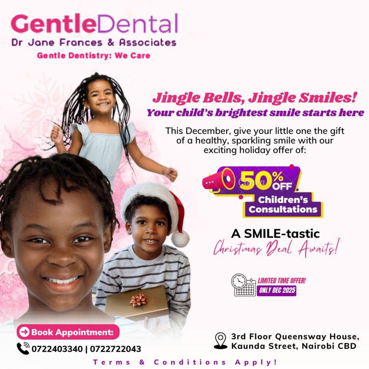 GDentalAfrica's tweet image. Make your December count. 😁

📞 Call/WhatsApp: 0722403340 / 0722722043
📍 3rd Floor, Queensway House, Kaunda Street – Nairobi CBD

#DecemberOffers #GDFestiveDiscounts
#gentledentalnairobi #KidsDentistNairobi #dentalfillingsinnairobi #bracesinnairobi #bracesjourney
