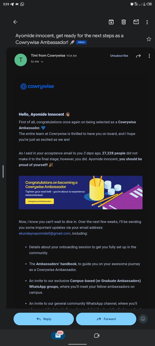 Dear <a href="/cowrywise/">Cowrywise</a>
Thank you very much for the warm congratulations. I’m truly honored to be selected as a Cowrywise Ambassador.

I look forward to engaging with the team, participating in upcoming activities, and representing the brand with excellence.

Thank you once again.