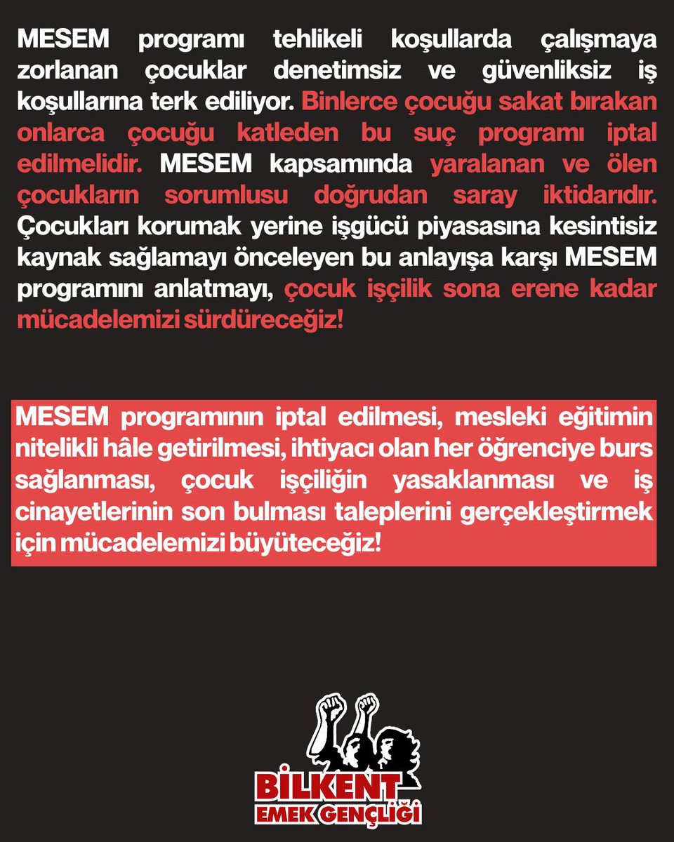 MESEMLERE ZİRVE, ÖĞRENCİLERE GÖZALTI!

Tek adam yönetimi dayattığı sefalet koşulları ve MESEM programıyla çocuk işçiliği palazlıyor, iş cinayetlerinde katlediyor, bu düzene ses çıkaran gençleri tutukluyor. Çocuk ve gençlere ya sefalet ya ölüm dayatanlara karşı mücadeleye!