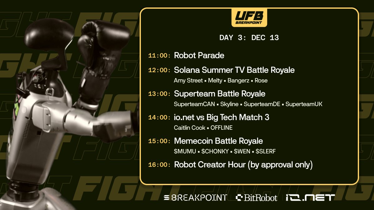 UFB Day 3 スケジュール：Solana Summer TV、Superteam、io.net、Memecoin Battle Royaleが登場するロボットファイト