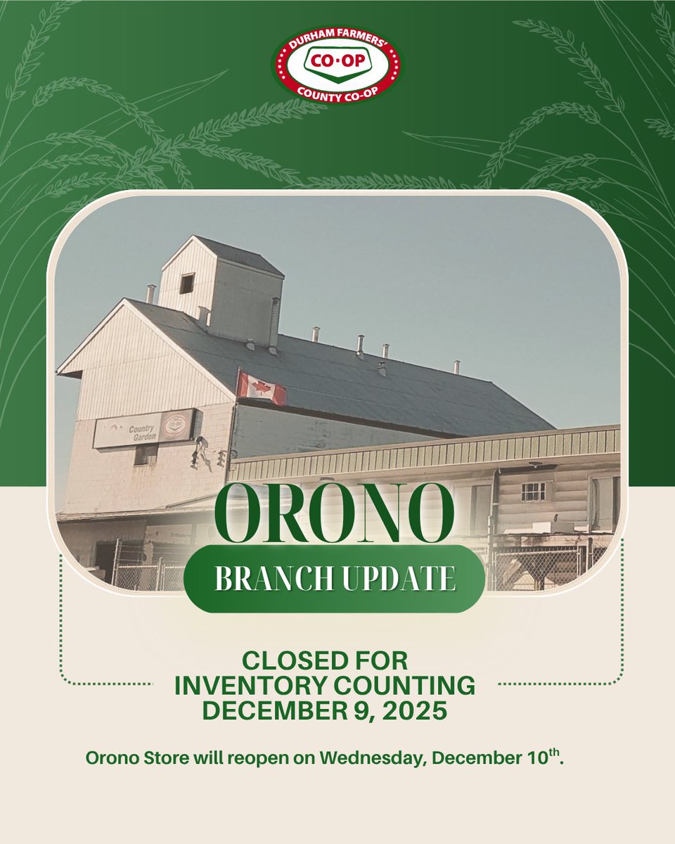 DurhamCoop's tweet image. 📦 Heads up, Orono!
Our store will be closed on Tuesday, December 9th for inventory counting.

🛍️ We’ll be back and ready to serve you on Wednesday, December 10th.

#OronoStore #InventoryDay #SeeYouSoon #DurhamFarmersCoOp #CountyCoop #OronoCountyCoop #Durham #DurhamRegion