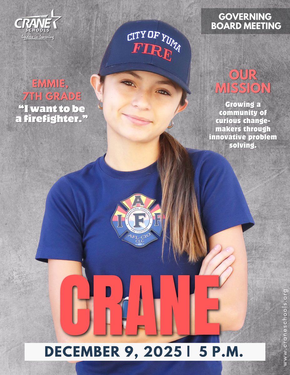 CraneSchools's tweet photo. 📌 Members of the public may attend the Crane Governing Board Meeting on Tuesday, December 9, 2025 at 5 p.m.
👉 Livestream of the meeting available online: https://t.co/dcwNsbG7J8
💙 Thank you for being our December model, Emmie! 📸 https://t.co/MnkosKmuvr