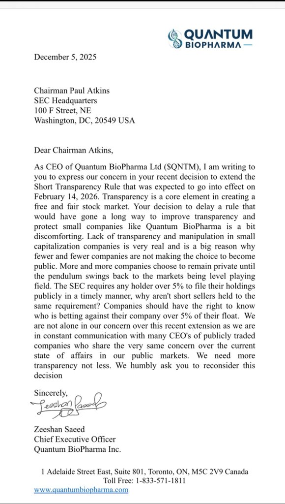 IXLegionLost's tweet image. 🚨If you have to show your hand when betting FOR a company, you should show your hand when betting AGAINST it, too.
✅️Quantum BioPharma’s letter and call to actionQuantum BioPharma (QNTM) has publicly stated that it will send a registered letter dated December 5, 2025 to SEC…