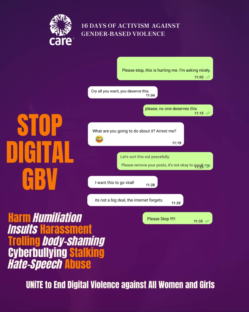 CAREIntMalawi's tweet image. Every hateful message leaves a mark. No one should carry scars for simply being online. Digital spaces must be safe for all, and women and girls deserve the freedom to show up, speak out, and connect #withoutfear, without harassment, and without being silenced. #16Days