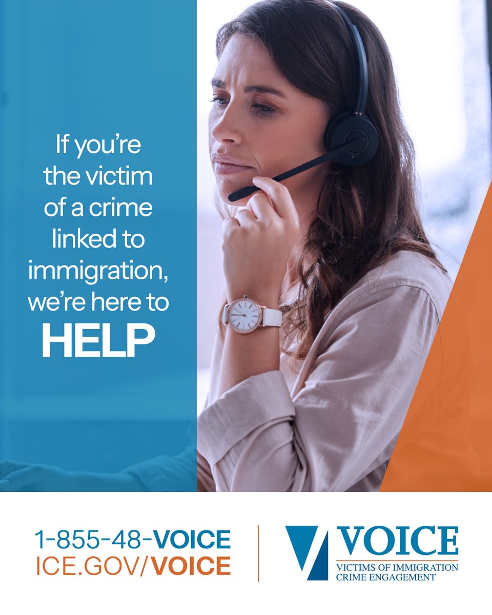 ICE’s VOICE Office helps victims and witnesses of immigration-related crimes navigate the immigration process.

VOICE provides easy access to victim services and assists with registration to DHS VINE,  which provides victims with automated custody status information on criminal