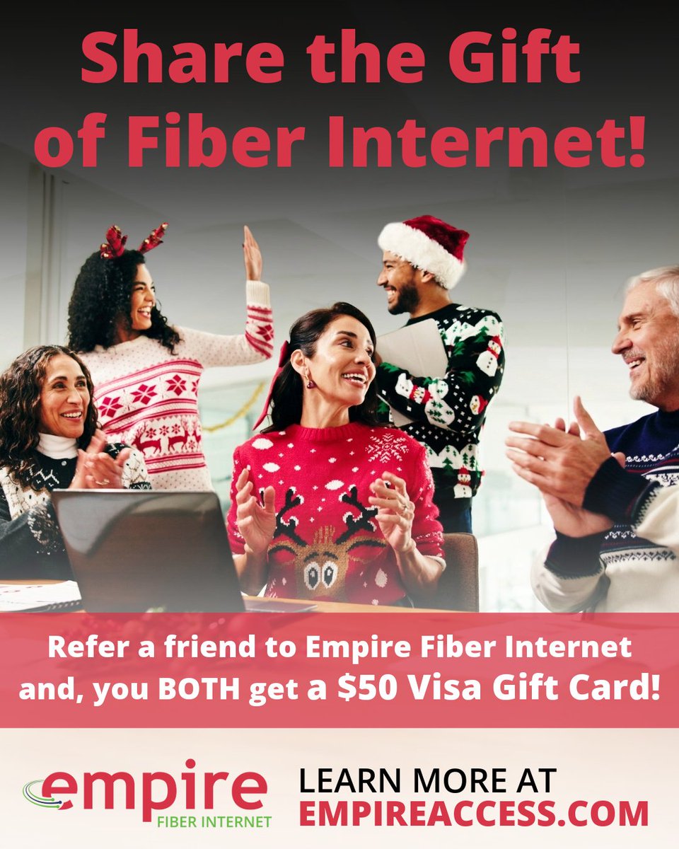 Tis' the Season of Giving! 
Share the gift of fast, reliable fiber internet with someone you know!

Refer a friend to Empire Fiber Internet and, you BOTH get a $50 Visa Gift Card. 💸

👉 empireaccess.com/residential/re…

#EmpireFiberInternet #SeasonOfGiving #ReferAFriend #FiberInternet