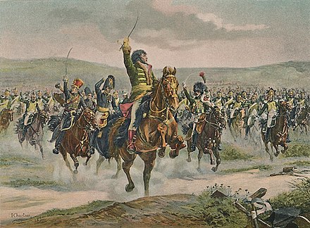 AndNapoleon's tweet photo. #MasterpieceMonday "Murat Leading The Cavalry at Jena" by Henri-Georges-Jacques Chartier, 1896. Murat acts as the emotional & kinetic anchor of the composition. The artist creates a triangular movement: Murat at the apex, the lines of cavalry fanning backwards. This pushes the viewer’s eye into the depth of the charge and conveys speed and momentum.
