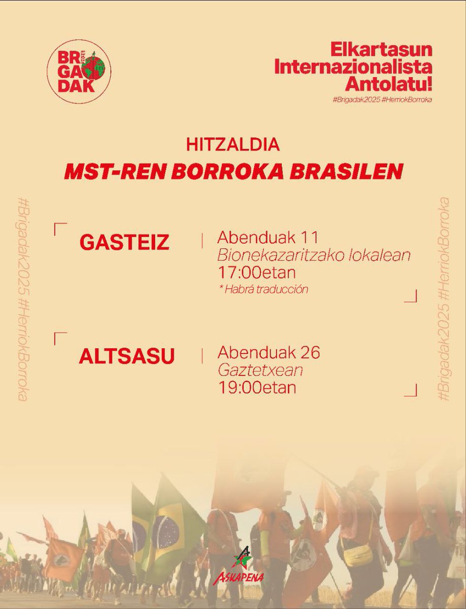 Askapena's tweet image. 🇧🇷🇧🇷🇧🇷🇧🇷🇧🇷

Brasileko brigadisten hitzaldia MSTren borrokak ezagutu eta internazionalismoaren beharra azpimarratzeko.

📌 Gasteizen eta Altsasun
📆 Abenduaren 11 eta 26an

Elkartasun internazionalista antolatu
#internazionalismoa #mst #HerriokBorroka @BionekazaritzaA @AltsasukoGA