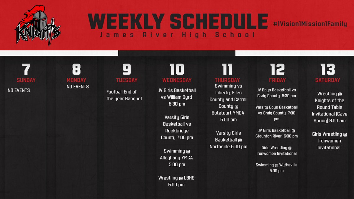 KnightsJrhs's tweet image. JRHS Athletics week ahead for December 8th-December 13th!!