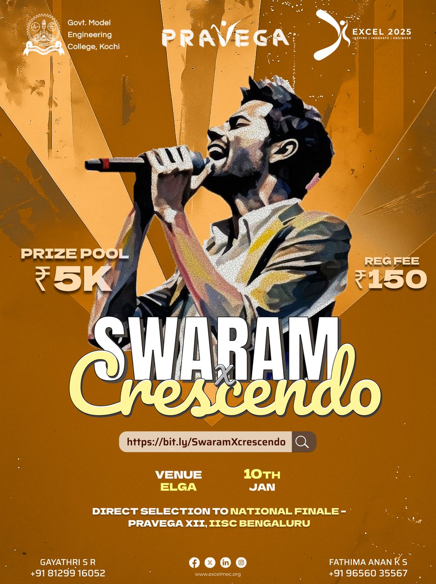 .

Excel 2025 in collaboration with Carvaan presents Swaram x Crescendo, a solo musical competition that brings together passionate performers to showcase their talent.

bit.ly/SwaramXcrescen…