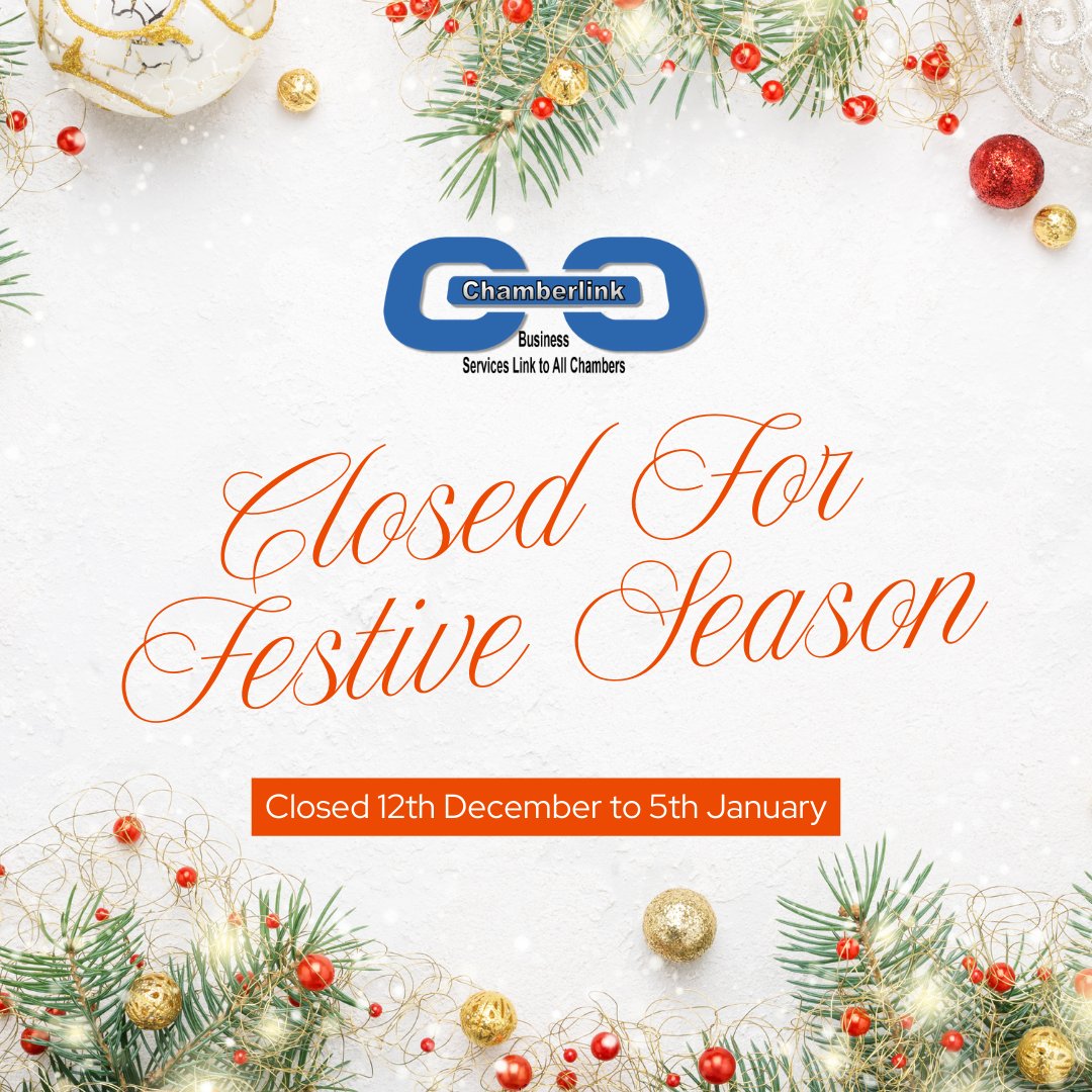 Chamberlink1's tweet image. 🎄 Chamberlink Festive Break 🎄
We’ll be closed from 12 Dec 2025 – 5 Jan 2026.
Thank you to all our members &amp;amp; partners for your support! ✨
Wishing you a joyful festive season &amp;amp; a prosperous New Year.
#Chamberlink #FestiveSeason #SeeYouIn2026