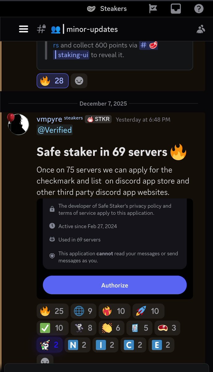 I love the <a href="/steakers_xyz/">Steakers</a> community.
They are strong AF.
It's a small community of ~100 holders but it's active and I think people love being there.

Minor updates get these kinds of reactions even when a small NFT project is 1.5 years old.

Amazing! I'll keep building for them!