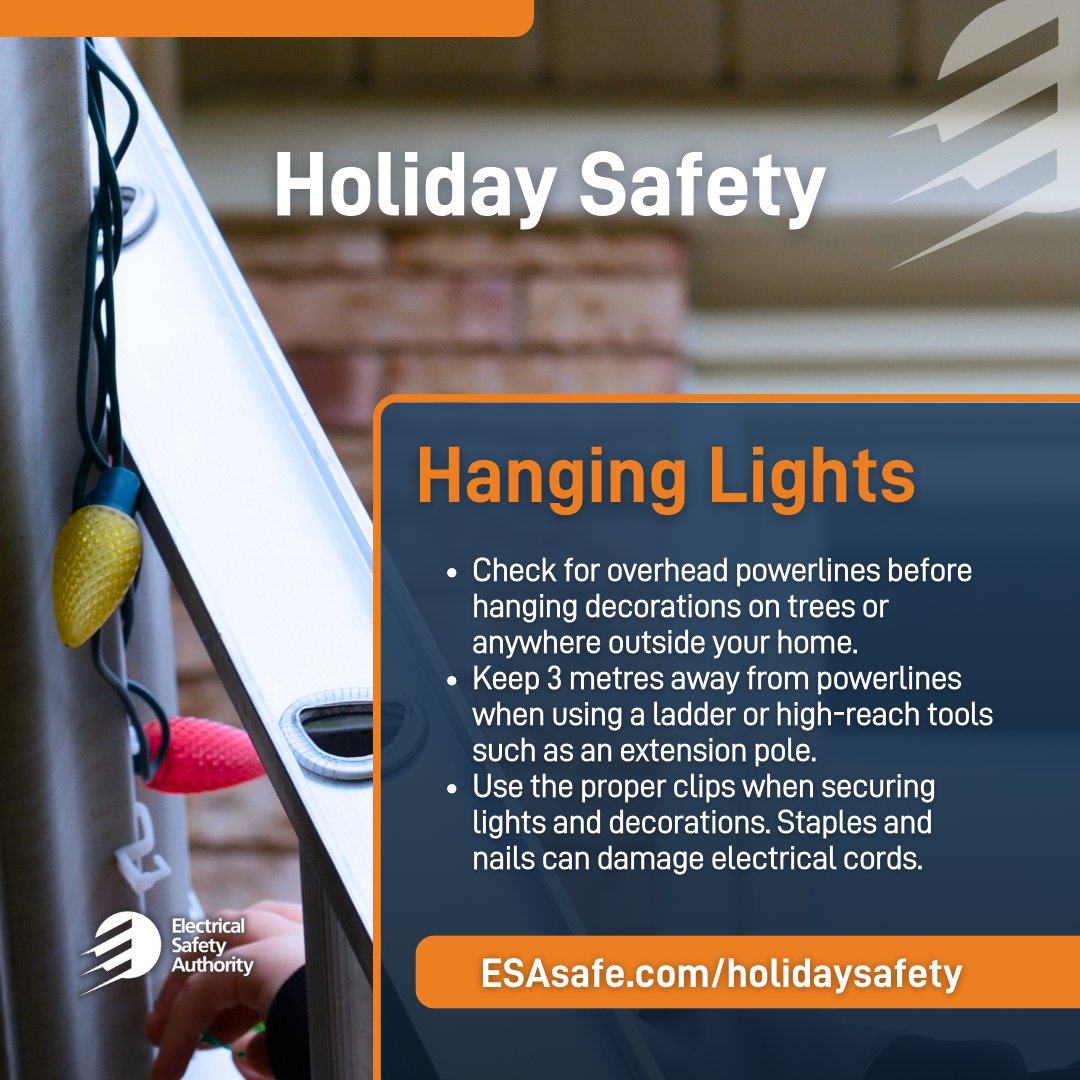 Stay back 3M from overhead powerlines when using a ladder to hang holidays lights on your house or the trees in your yard. Get more holiday tips here: bit.ly/3zZf7l0. <a href="/homeandsafety/">Electrical Safety Authority (ESA)</a>