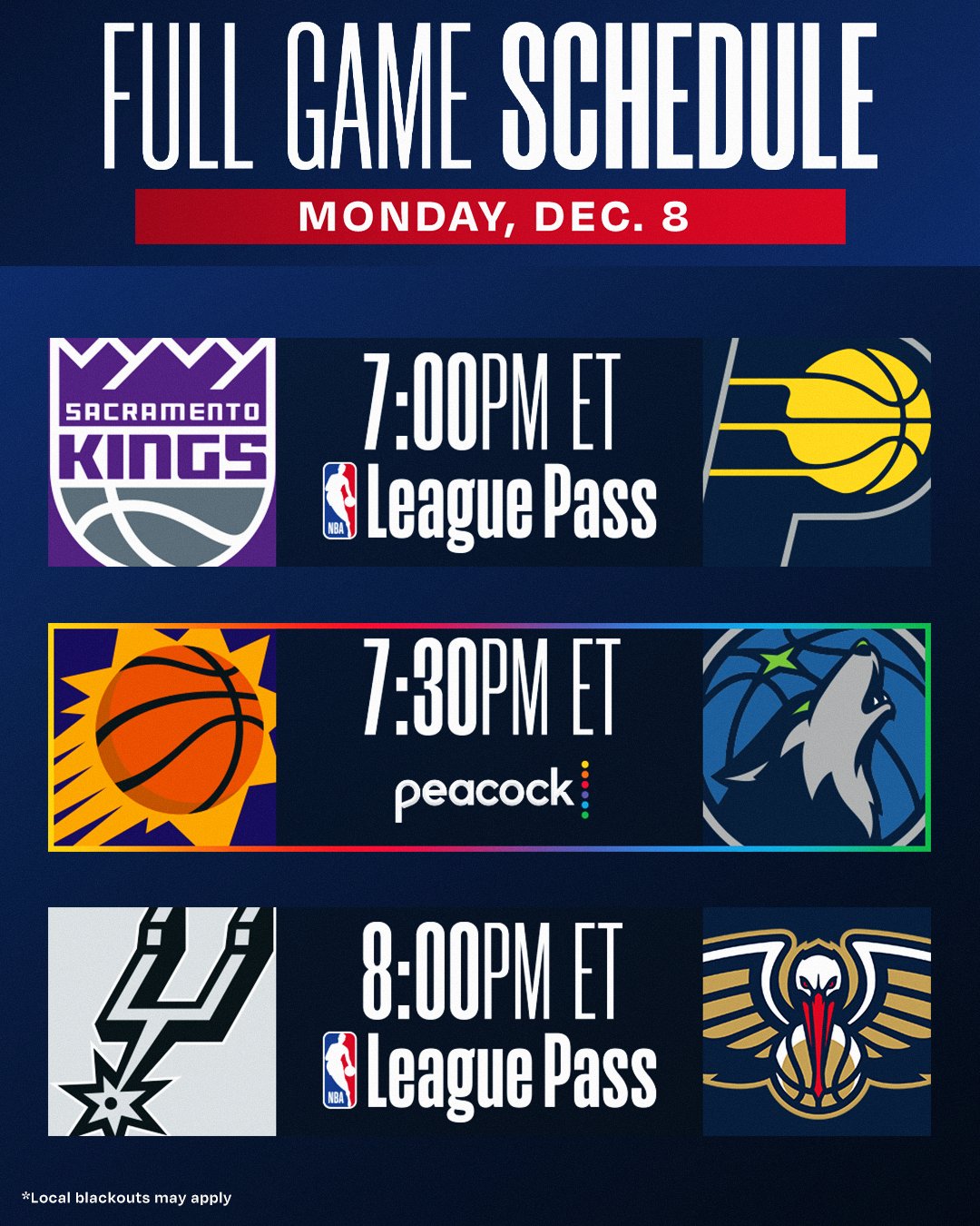 MONDAY NIGHT HOOPS 

Minnesota seeks its 6th straight win vs. Phoenix to highlight a 3-game slate!

 Peacock &amp; NBA League Pass