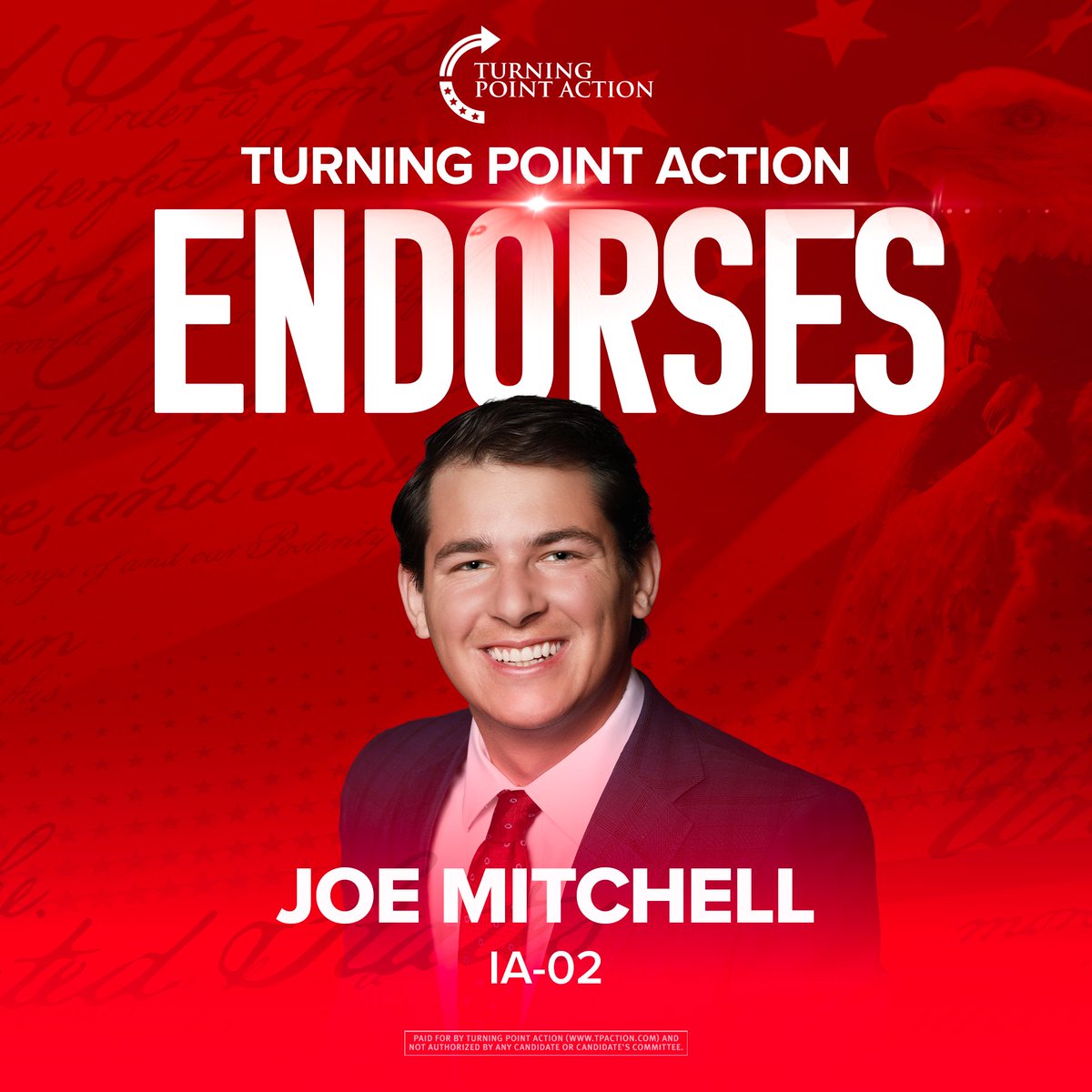 Turning Point Action is proud to endorse Joe Mitchell in IA-02

Excited for our team to be out in force with our #Iowa99 Program for Joe in 26 and JD in 28!

You can get involved at the grassroots level in every county by signing up at Iowa99.com

Congrats Joe!