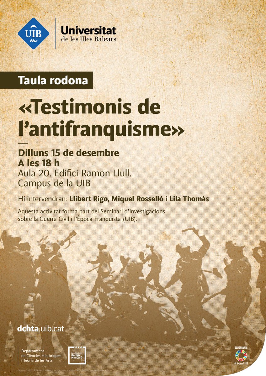 ArrelsD's tweet photo. Dilluns 15 de desembre, "Testimonis de l'antifranquisme", amb Lila Thomàs, Miquel Rosselló i Llibert Rigo. https://t.co/VMUKpyBR72