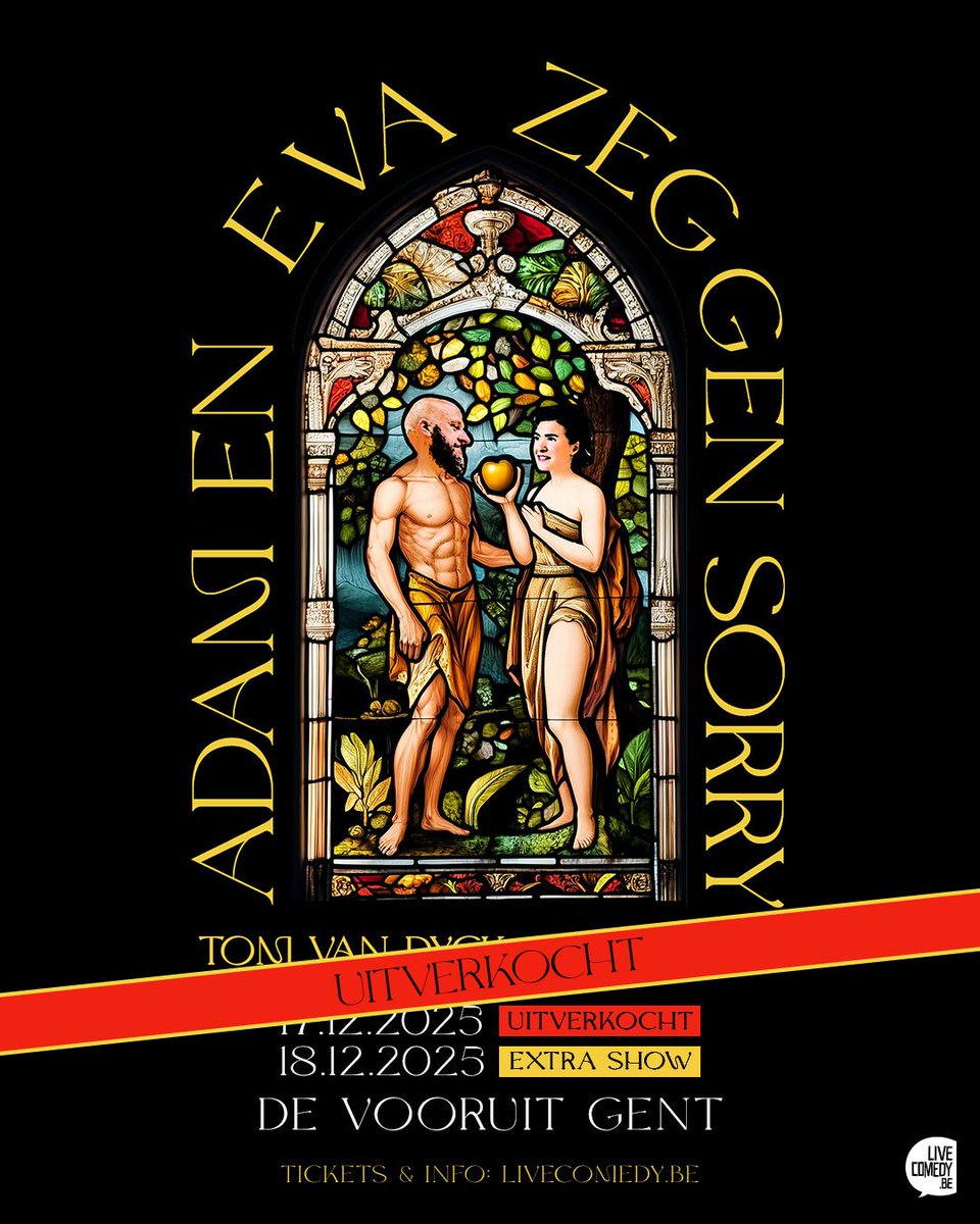 LiveComedybe's tweet image. Uitverkocht! 🚨 Beide voorstellingen van ‘Adam en Eva zeggen sorry’ met Tom Van Dyck en Alice Reijs in De Vooruit in Gent zijn volledig uitverkocht! #uitverkocht