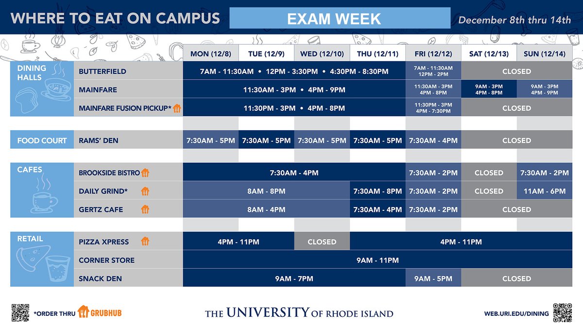uridining's tweet image. 💙📖 No better way to crush finals than with good food.
URI Dining’s exam week + fall semester hours are live! Plan your study breaks and stay fueled through the finish line. 🍽️ #RhodyReady #URIDining #ExamWeek
