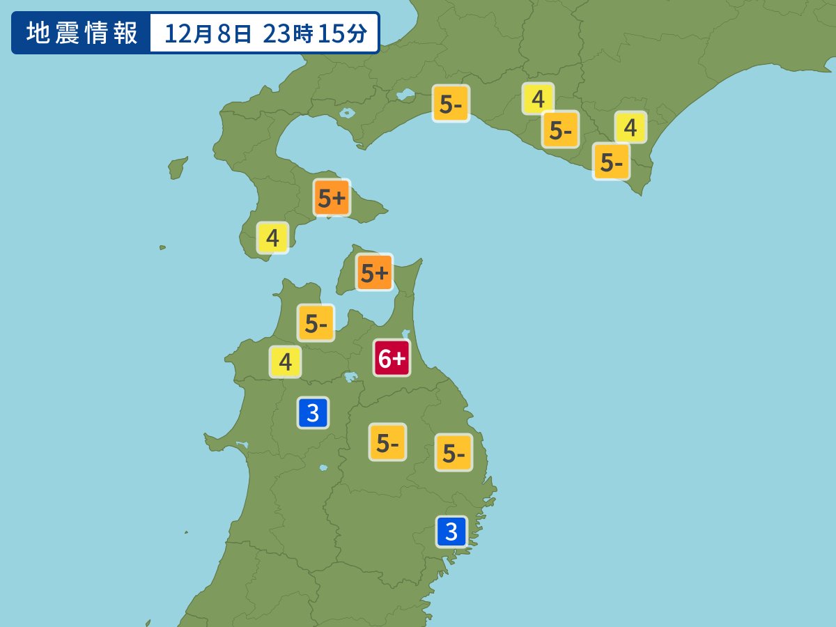 【青森県で震度6強の地震】
震度6強：
青森県　青森県三八上北　

震度5強：
北海道　渡島地方東部　
青森県　青森県下北　
岩手県　岩手県内陸北部
typhoon.yahoo.co.jp/weather/jp/ear…