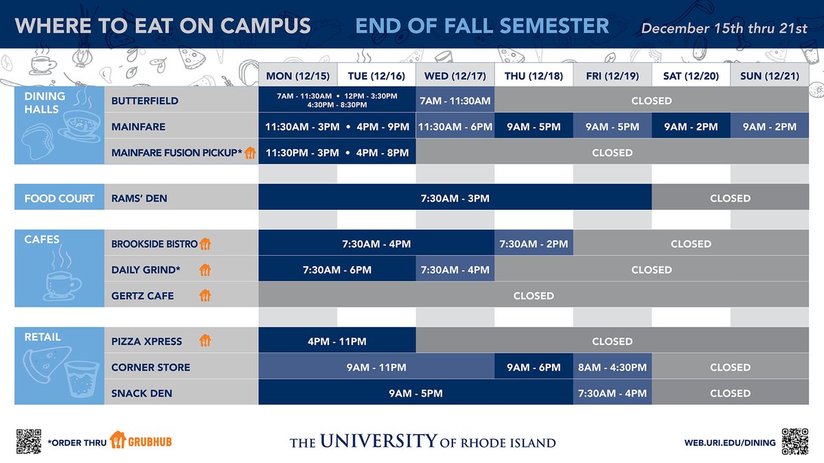 uridining's tweet image. 💙📖 No better way to crush finals than with good food.
URI Dining’s exam week + fall semester hours are live! Plan your study breaks and stay fueled through the finish line. 🍽️ #RhodyReady #URIDining #ExamWeek