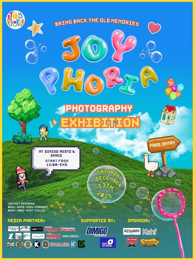 HAI HAI HAIII warga usu! sabtu ini bakal ada pameran fotografi nihh bertemakan inner child yaitu JOYPHORIA, nnti bakal ada performance, mainan dan snack yang bakal bikin flashback ke masa kecil yukk datengg, free entry lohh 😍🫶🏻