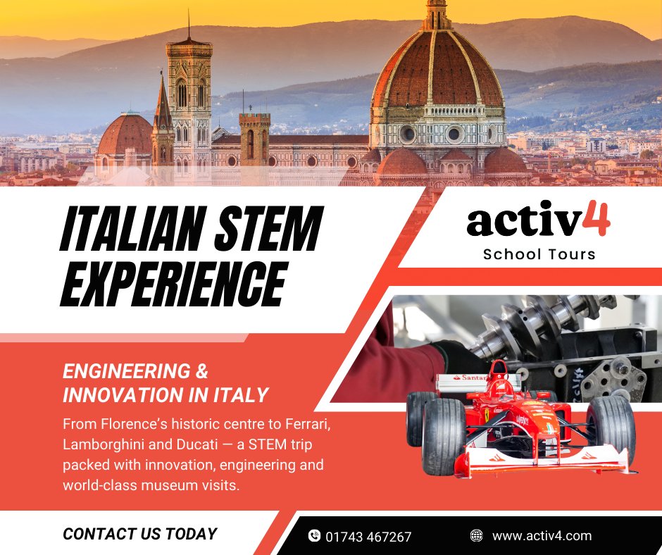 activ4's tweet photo. As the chequered flag drops on the F1 season, why not bring motorsport engineering to life for your science students? 🏁
Explore Ferrari, Lamborghini &amp; Ducati on an unforgettable STEM trip to Italy!
Get in touch today to learn more ✨
#F1 #STEMEducation #AbuDhabiGP https://t.co/DqMjDr8AHZ