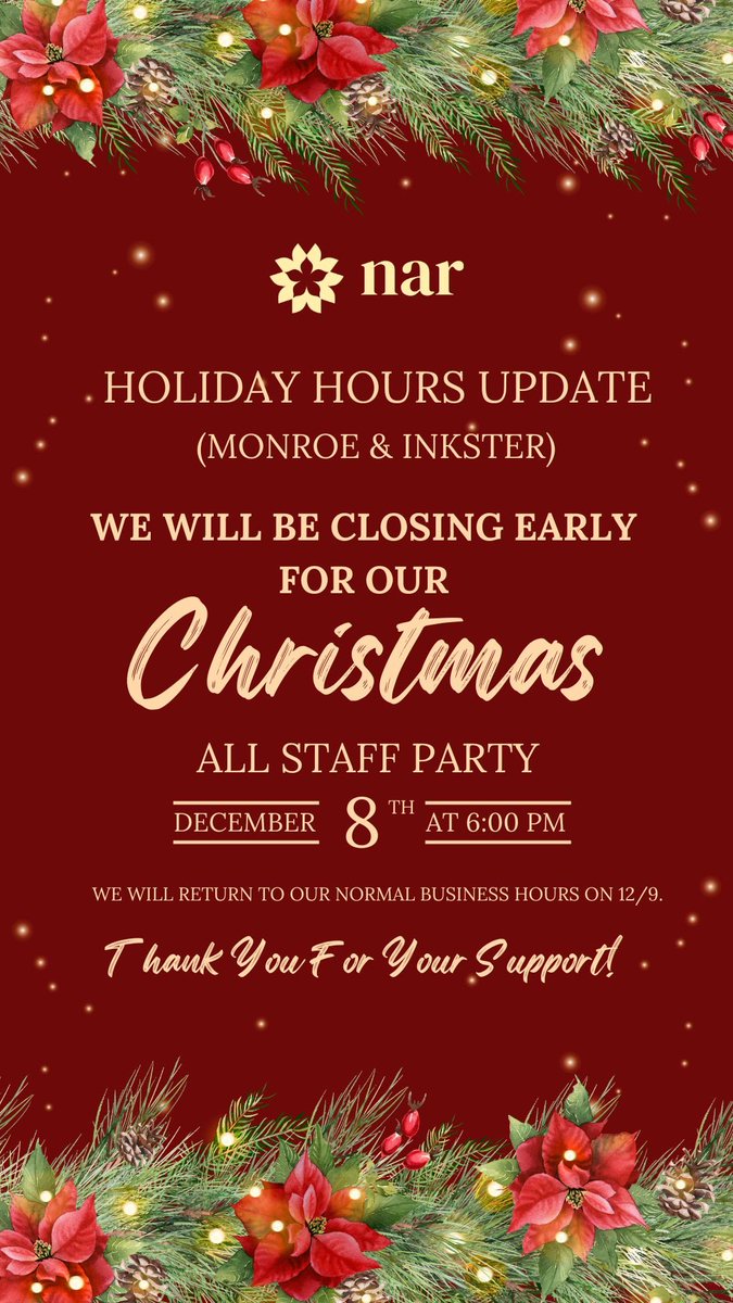 All Nar Michigan locations are rolling out at 6pm today for our Christmas staff party! See you tomorrow, lifted and festive. 🎄