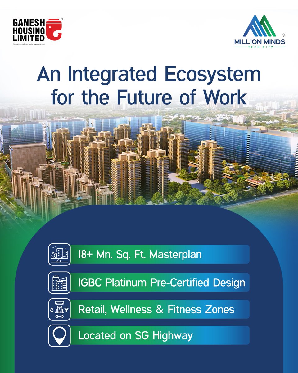 MillionMindsTC's tweet image. Modern enterprises need ecosystems - not just offices. With integrated workspaces, #IGBCPlatinum #sustainability, daily-use amenities, and a strategic SG Highway location, MMTC aligns with how future-ready businesses operate.

#FutureReadyWorkspaces #MillionMindsTechCity