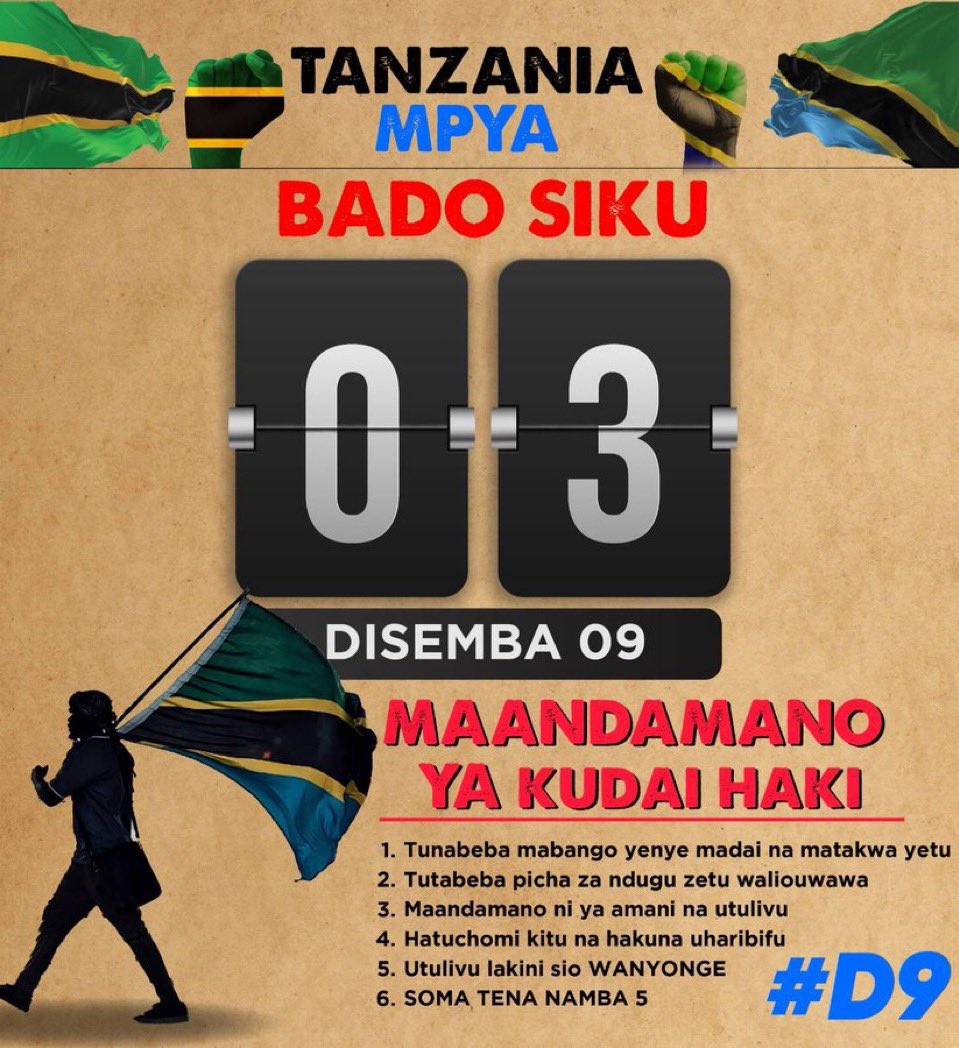 Dear Gen-Zs in Tanzania , Revolution doesn't take more than 3 days, come out in large numbers tomorrow December 9 and finish the job by Thursday 

Capture all events in videos &amp; photos, share to the World 

God Bless 🇹🇿 

National Assembly State House The ANC Pope