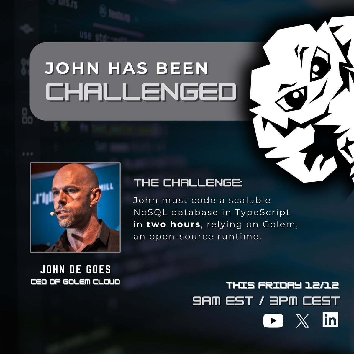 THIS FRIDAY! We've challenged the CEO 👀 

🔥 <a href="/jdegoes/">John A De Goes</a> will host a live stream in which he codes a massively scalable NoSQL database in TypeScript.

⌛ With just two hours to complete the challenge, John will rely on an open source runtime called Golem, which features durable