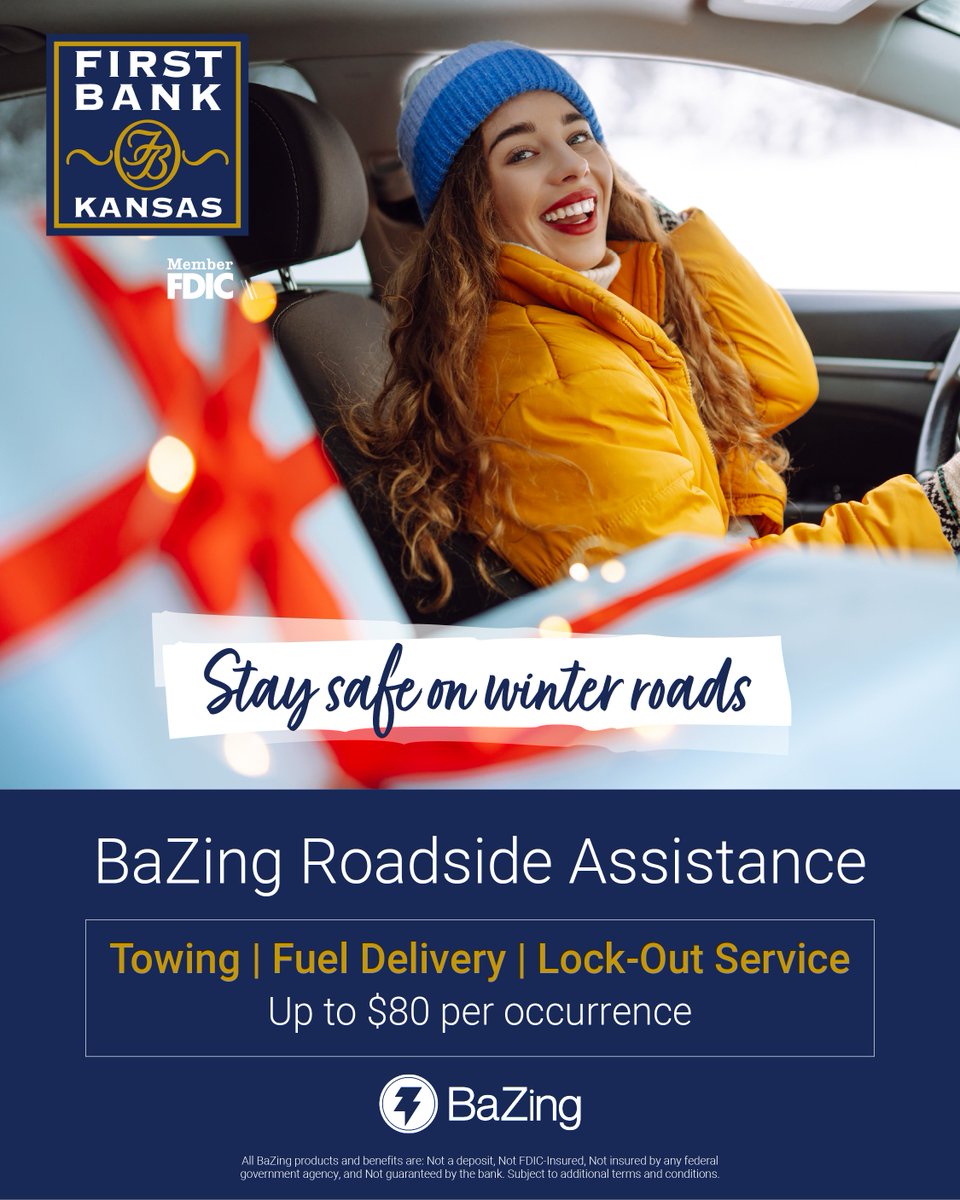 FirstBankKansas's tweet image. Winter road trips and holiday travel? Your BaZing membership includes Roadside Assistance with towing, fuel delivery, lock-out service, and more. Stay safe on the road this season.

#BaZing #banklocal