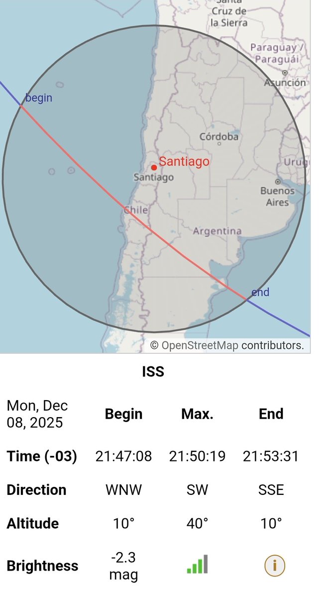 Hoy lunes 8 de diciembre la Estación Espacial Internacional se podrá  ver en zona centro y sur del país a simple vista si las nubes lo permiten. 
Si le interesa revise el mapa  y recuerde la hora. 
Si la ve cuentenos desde donde!

<a href="/reddeemergencia/">Red de Emergencia ONG</a> 
<a href="/alegriagonzaa/">Alejandro Alegria 🌴</a>