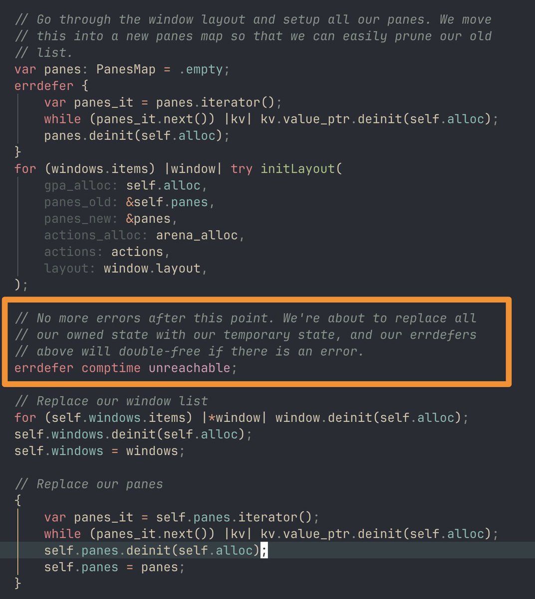 Dica Zig: `errdefer comptime unreachable;` garante, em tempo de compilação, que a partir desse ponto nada poderá falhar.