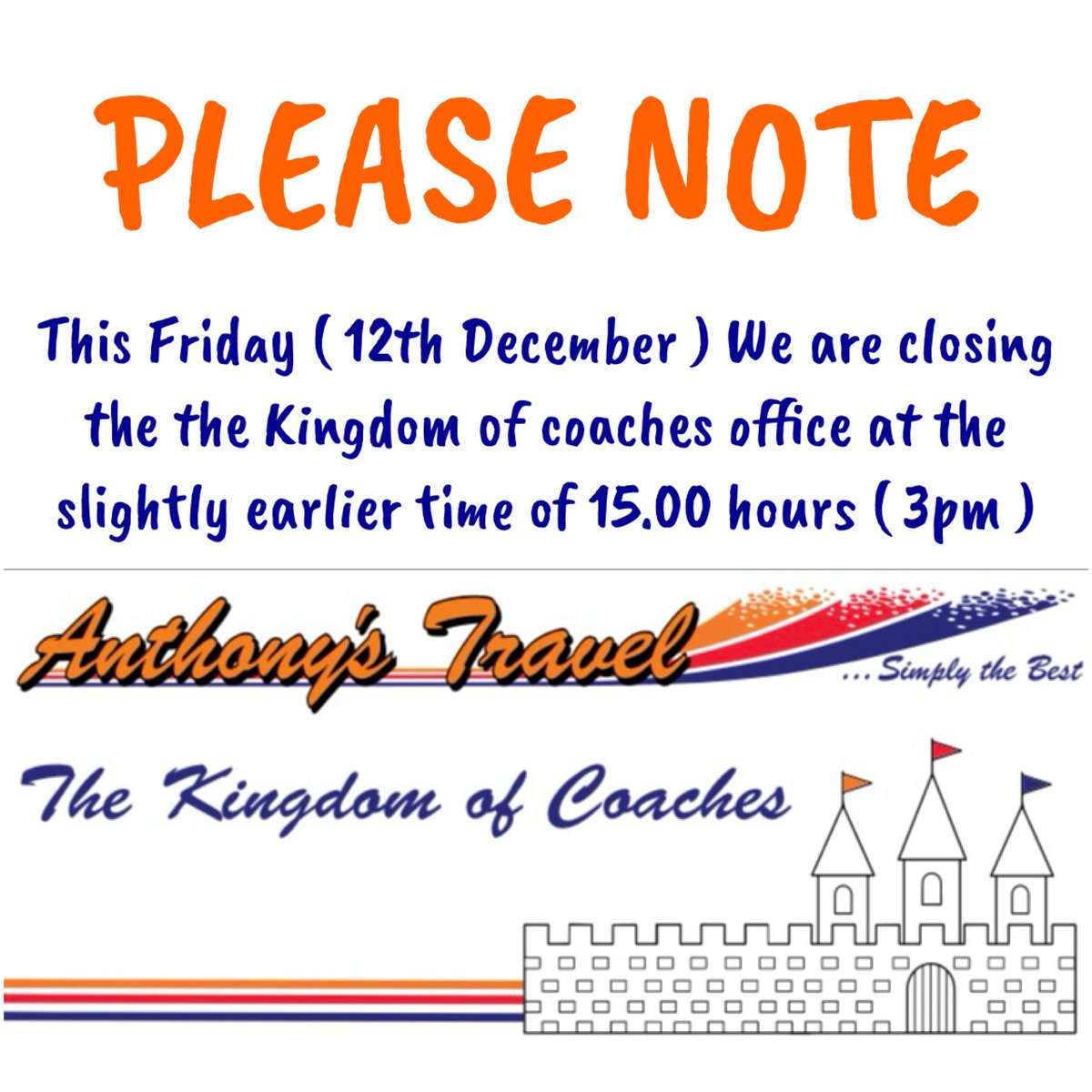 Our kingdom office will be closing slightly earlier this Friday at 15.00 hours