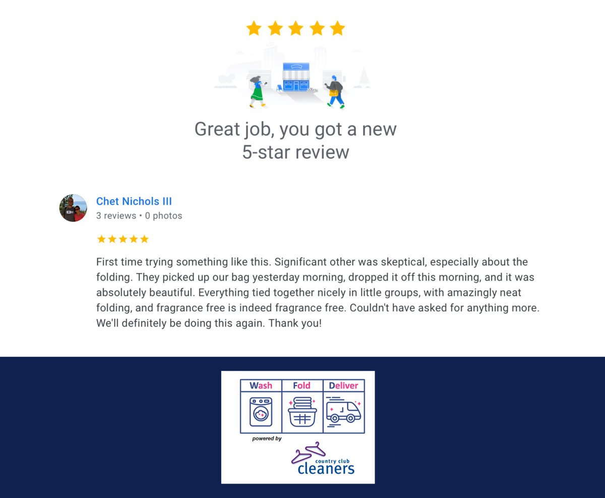 CCCleanersCA's tweet photo. Great google review for our wash and fold service! Wash, Fold, Deliver powered by Country Club Cleaners.! https://t.co/0AypWt00uG